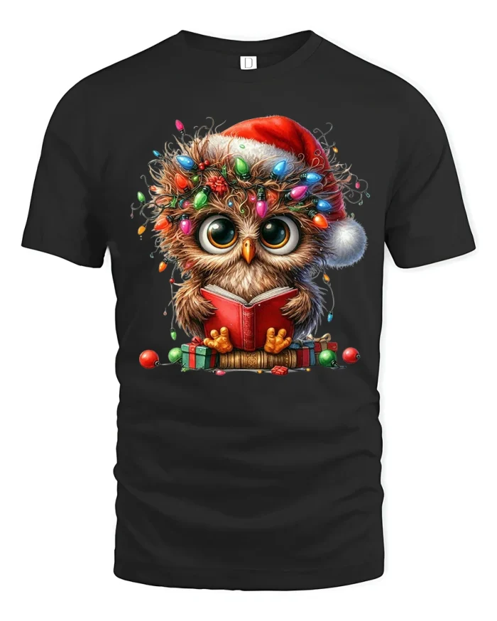 Cute Christmas Owl Reading Book Graphic Tee With Cozy Soft Feel - black t-shirt on white background