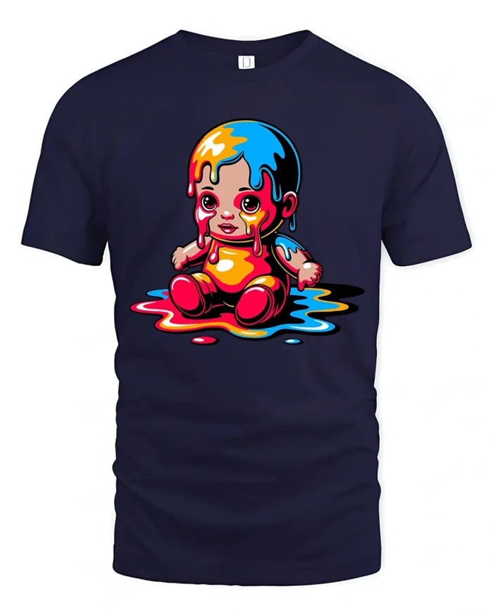 Melting Color Baby Doll Cartoon Graphic Tee With Soft Cotton Feel - navy t-shirt on white background