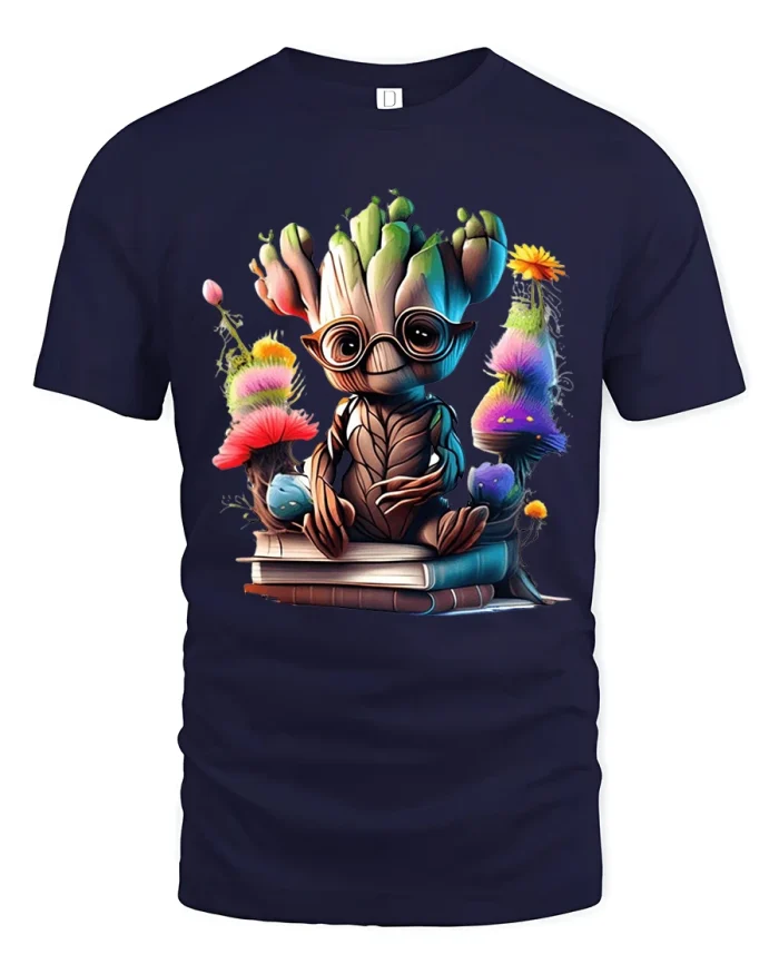Cute Tree Character Reading Book Graphic Tee With Soft Cotton Feel - navy t-shirt on white background