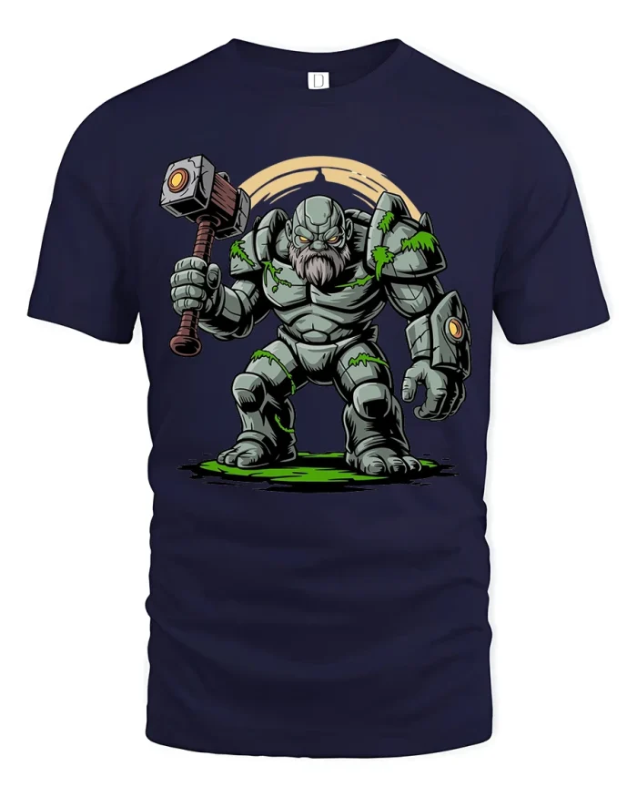 Stone Golem Warrior Hammer Graphic Tee With Premium Cotton Feel - navy t-shirt on white background
