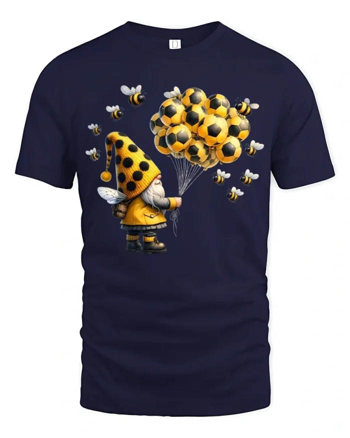 Cute Bee Gnome Soccer Balloon Graphic Tee With Soft Cotton Feel - navy t-shirt on white background