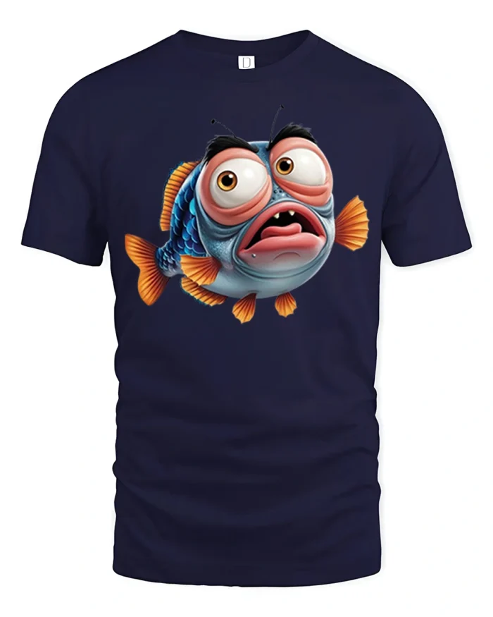 Funny Shocked Fish Cartoon Graphic Tee With Soft Cotton Feel - navy t-shirt on white background
