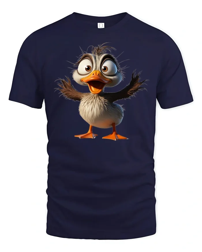 Funny Happy Duck Cartoon Graphic Tee With Soft Cozy Feel - navy t-shirt on white background