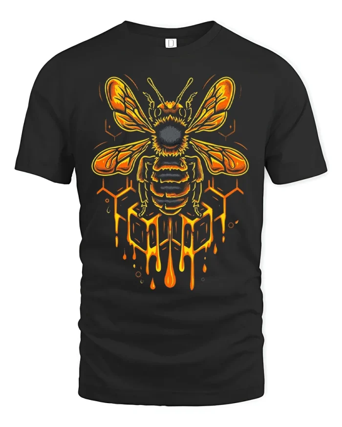 Dripping Honey Bee Graphic T Shirt With Bold Golden Hive Art - black t-shirt on white background