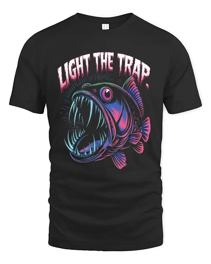 Light The Trap Deep Sea Monster Fish Neon Graphic T Shirt - black t-shirt on white background