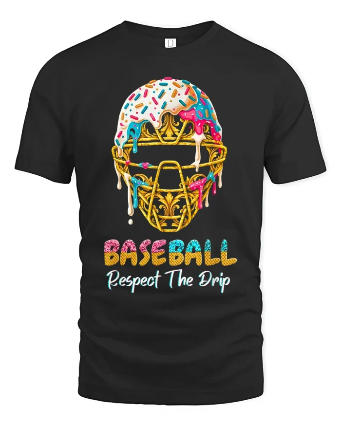 Baseball Respect The Drip Donut Helmet Funny Graphic T Shirt - black t-shirt on white background