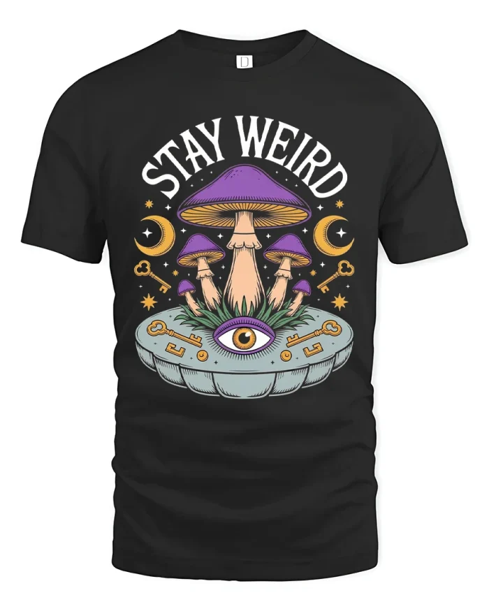 Stay Weird Psychedelic Mushroom Eye Trippy Graphic T Shirt - black t-shirt on white background