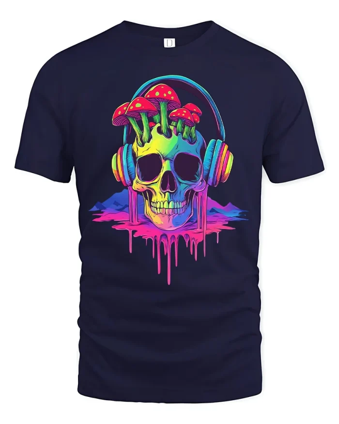 Psychedelic Mushroom Skull Headphones Trippy Art T Shirt - navy t-shirt on white background