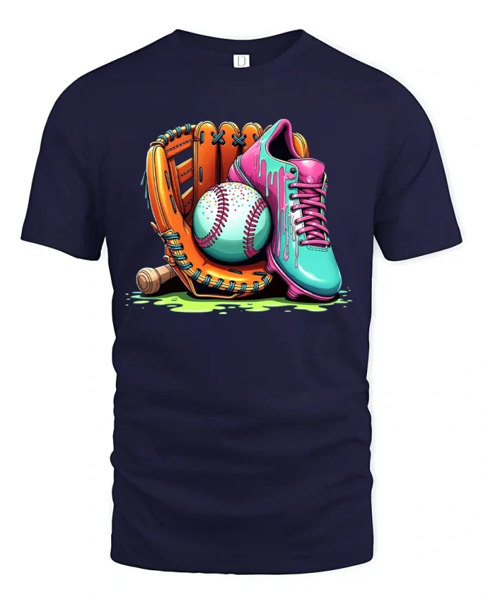 Baseball Drip Style Cleat And Glove Graphic Streetwear T Shirt - navy t-shirt on white background