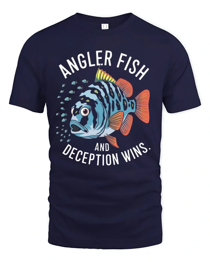 Angler Fish And Deception Wins Funny Ocean Quote Graphic T Shirt - navy t-shirt on white background