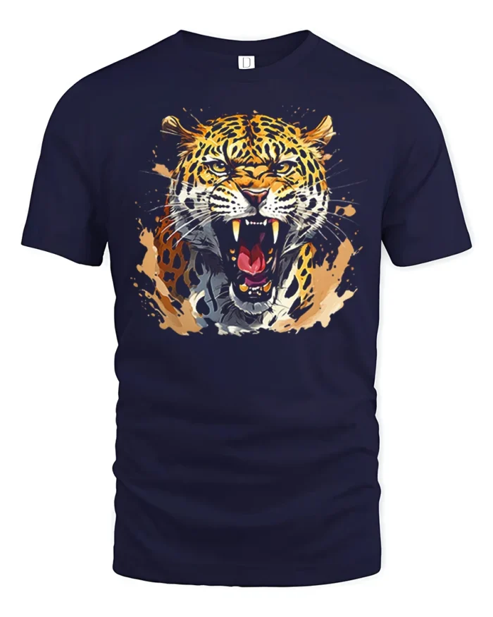 Fierce Roaring Leopard Graphic Tee Bold Wild Animal Art T Shirt - navy t-shirt on white background