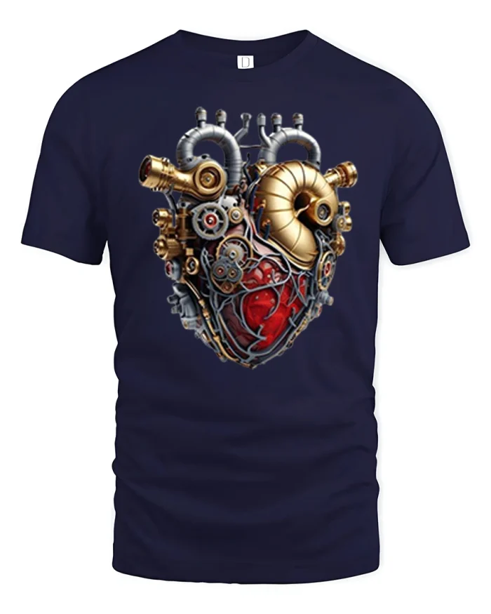 Steampunk Mechanical Heart Graphic Tee Industrial Cyber Art T Shirt - navy t-shirt on white background