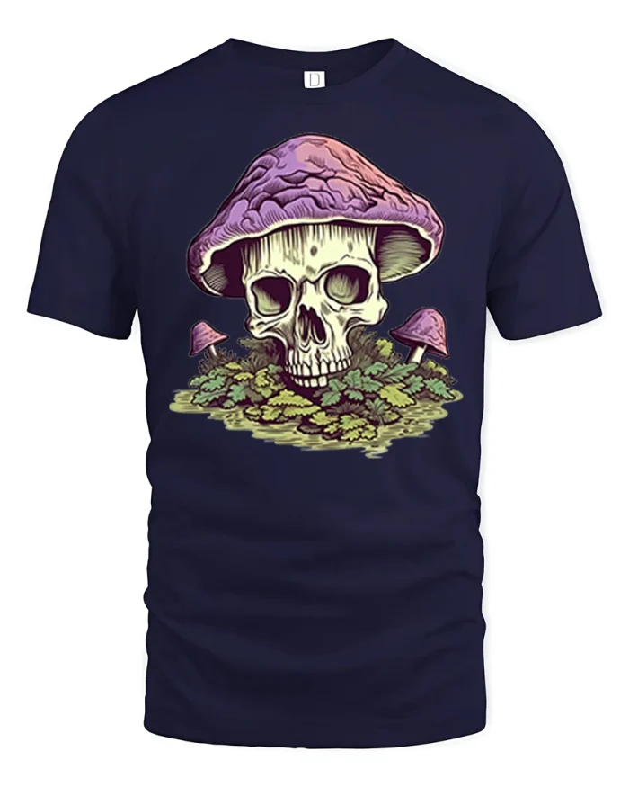 Psychedelic Skull Mushroom Graphic Tee Trippy Nature Art T Shirt - navy t-shirt on white background