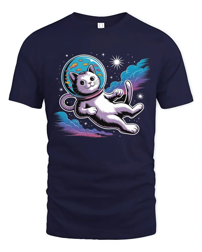 Cute Astronaut Space Cat Floating Galaxy Graphic T Shirt Tee - navy t-shirt on white background