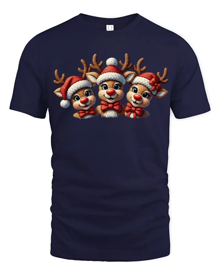 Cute Trio Reindeer Wearing Santa Hats Christmas Graphic T Shirt Tee - navy t-shirt on white background