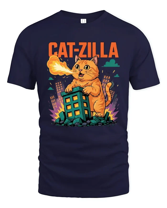 Catzilla Giant Monster Cat Destroying City Graphic T Shirt Tee - navy t-shirt on white background