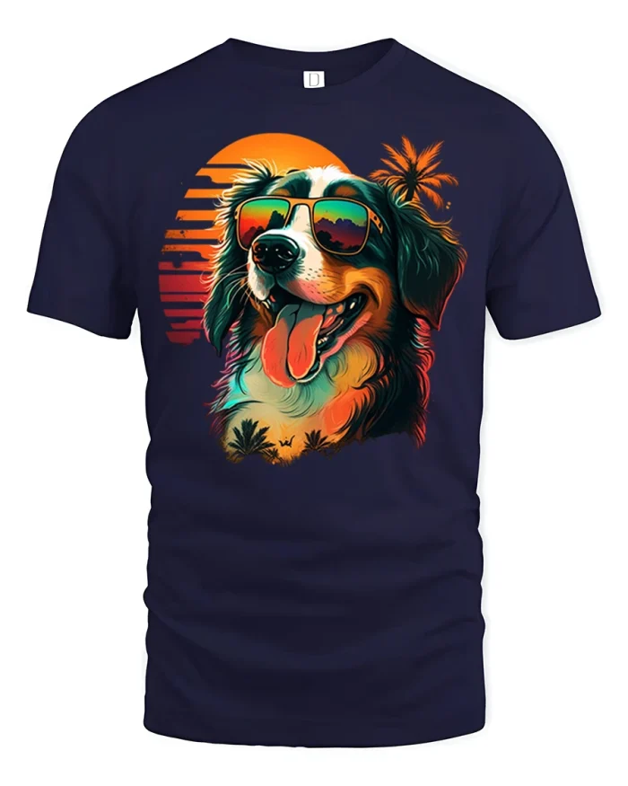 Cool Dog Wearing Sunglasses Sunset Vibes Graphic T Shirt Tee - navy t-shirt on white background