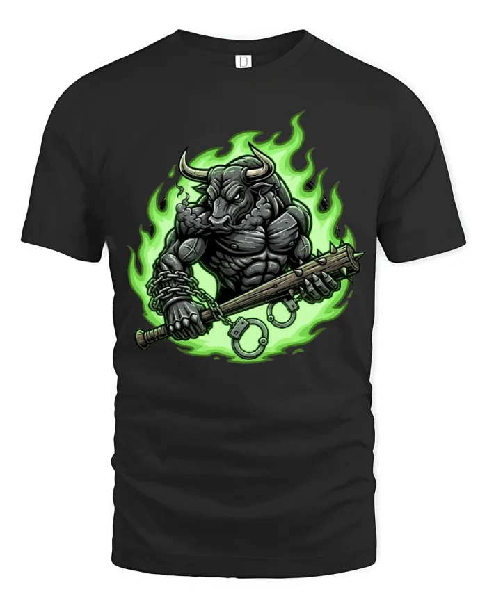 Dark Fantasy Minotaur Warrior Green Flame Graphic T Shirt Tee - black t-shirt on white background