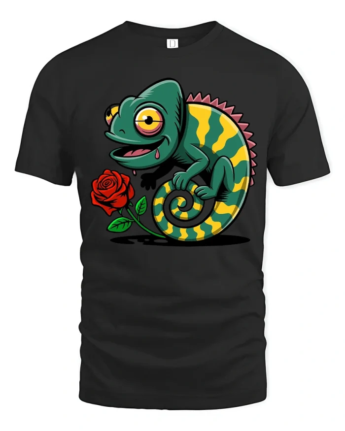 Cute Chameleon With Red Rose Funny Graphic T Shirt Tee - black t-shirt on white background