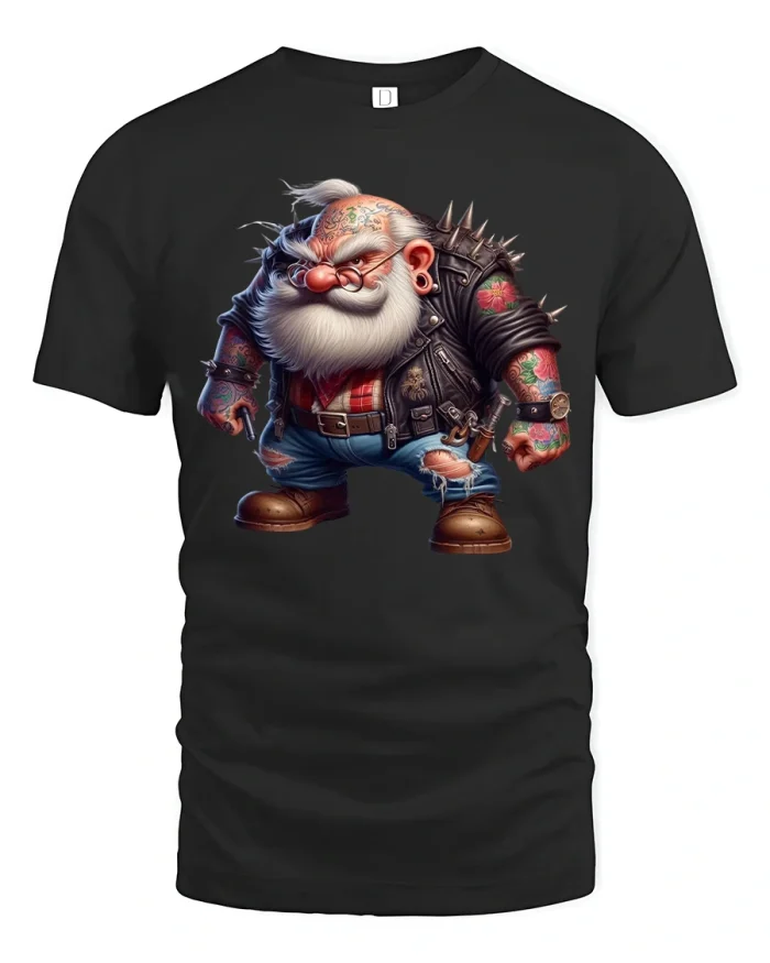 Badass Biker Santa Claus Graphic T Shirt Tee With Tattoo Art - black t-shirt on white background