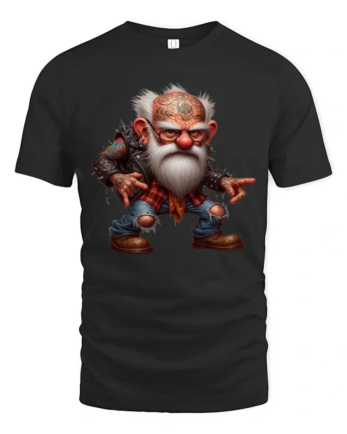 Edgy Tattooed Gnome Biker Cartoon Graphic T Shirt Tee - black t-shirt on white background
