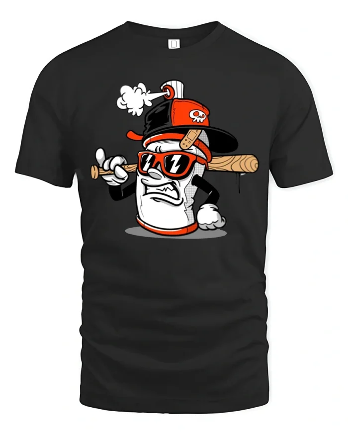 Funny Tough Spray Can Cartoon Attitude Graphic T Shirt Tee - black t-shirt on white background