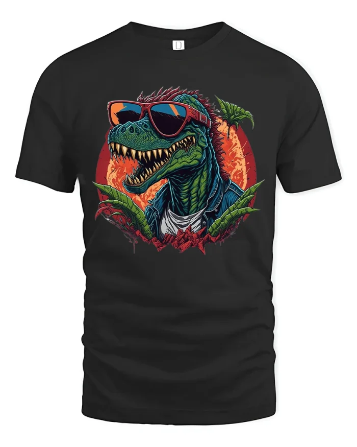 Cool Sunglasses T Rex Dinosaur Graphic Tshirt Art Style - black t-shirt on white background