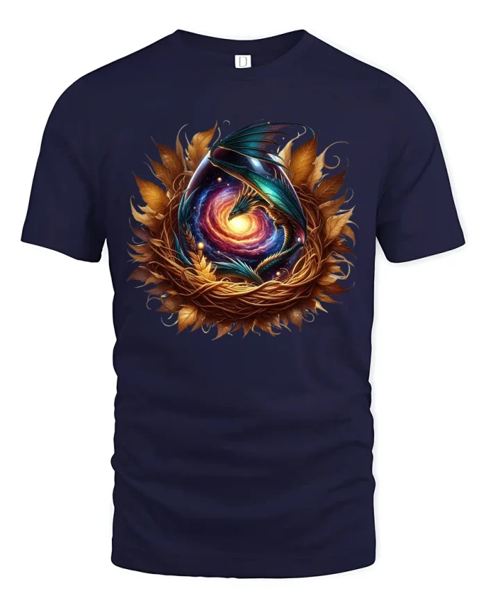 Mystic Dragon Egg Galaxy Fantasy Graphic Tshirt Cosmic Art - navy t-shirt on white background