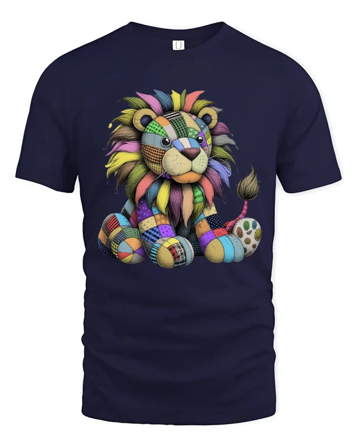 Colorful Patchwork Lion Cartoon Graphic Tshirt Cute Art Style - navy t-shirt on white background
