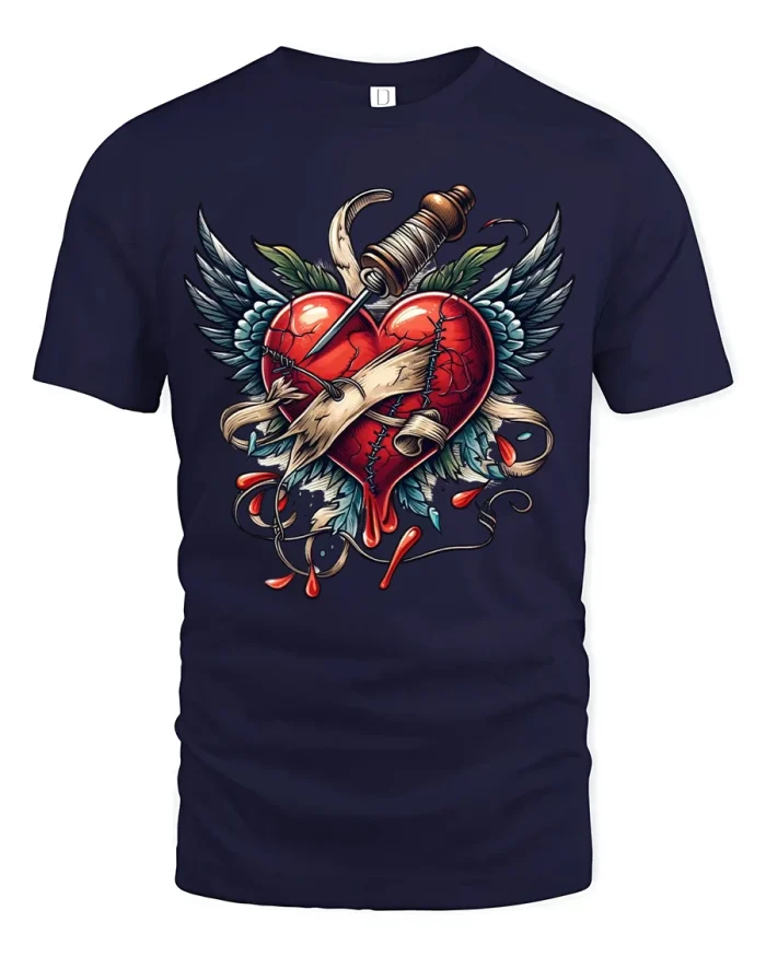 Broken Heart With Dagger Tattoo Style Graphic Tshirt Art - navy t-shirt on white background