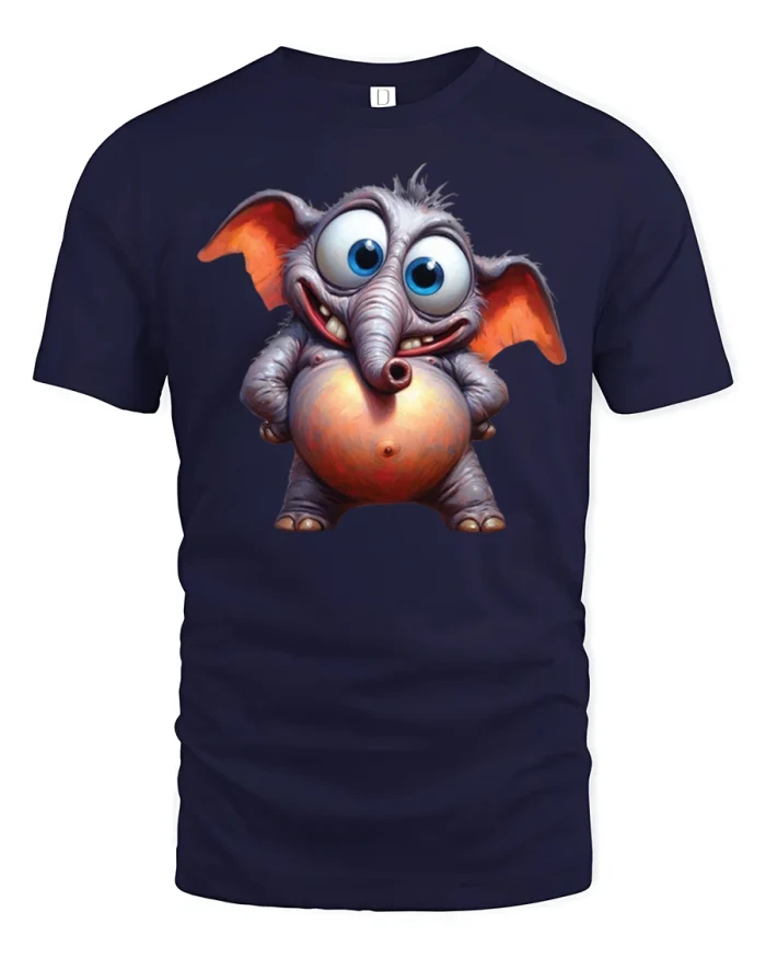 Funny Cute Elephant Big Eyes Cartoon Graphic T Shirt - navy t-shirt on white background