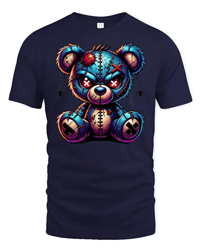 Creepy Cute Stitched Teddy Bear Cartoon Graphic T Shirt - navy t-shirt on white background