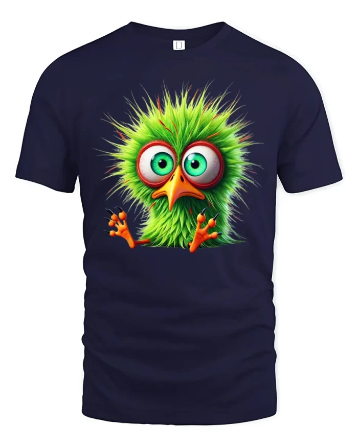 Funny Green Crazy Bird Cartoon Graphic T Shirt Tee - navy t-shirt on white background