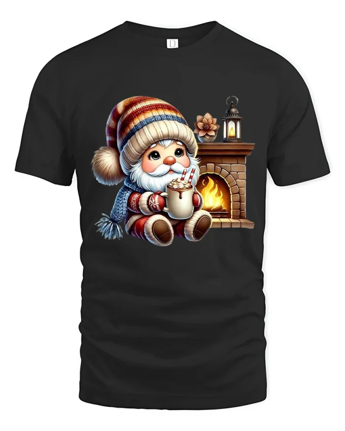 Cozy Winter Gnome Hot Cocoa Fireplace Cartoon Graphic Tee - black t-shirt on white background