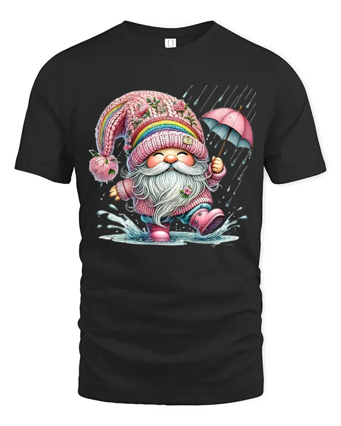 Happy Rainy Day Gnome Umbrella Cartoon Graphic Tee - black t-shirt on white background