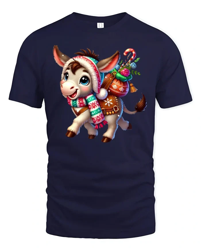Cute Christmas Donkey With Scarf And Candy Cartoon Graphic Tee - navy t-shirt on white background