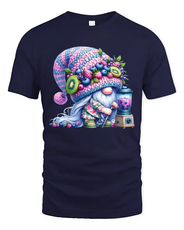 Cute Berry Gnome Smoothie Cartoon Art Cozy Graphic Tee - navy t-shirt on white background