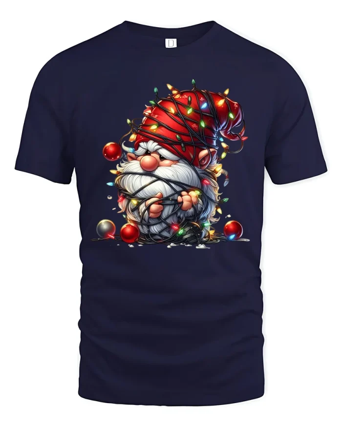 Funny Santa Gnome Tangled In Christmas Lights Graphic Tee - navy t-shirt on white background