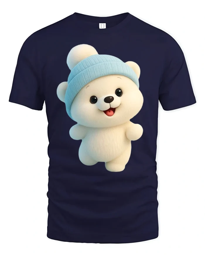 Cute Happy Bear Wearing Blue Beanie Cozy Cartoon Graphic Tee - navy t-shirt on white background