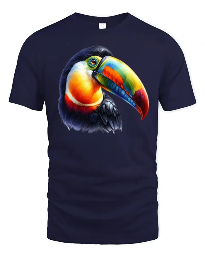 Colorful Toucan Bird Tropical Art Bold Graphic Tee - navy t-shirt on white background