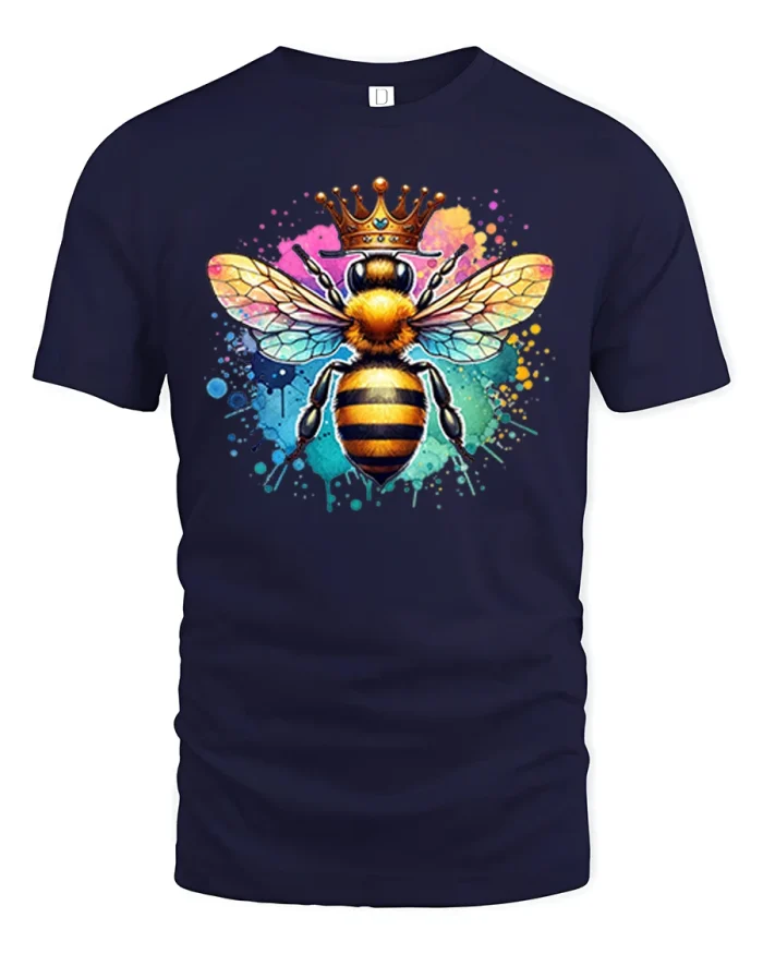 Queen Bee Crown Color Splash Artistic Bold Graphic Tee - navy t-shirt on white background