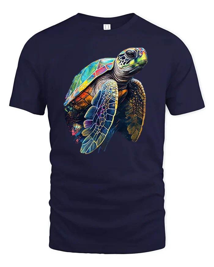 Colorful Sea Turtle Ocean Art Bold Wildlife Graphic Tee - navy t-shirt on white background