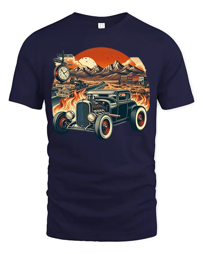 Vintage Hot Rod Desert Road Retro Muscle Car Graphic Tee - navy t-shirt on white background
