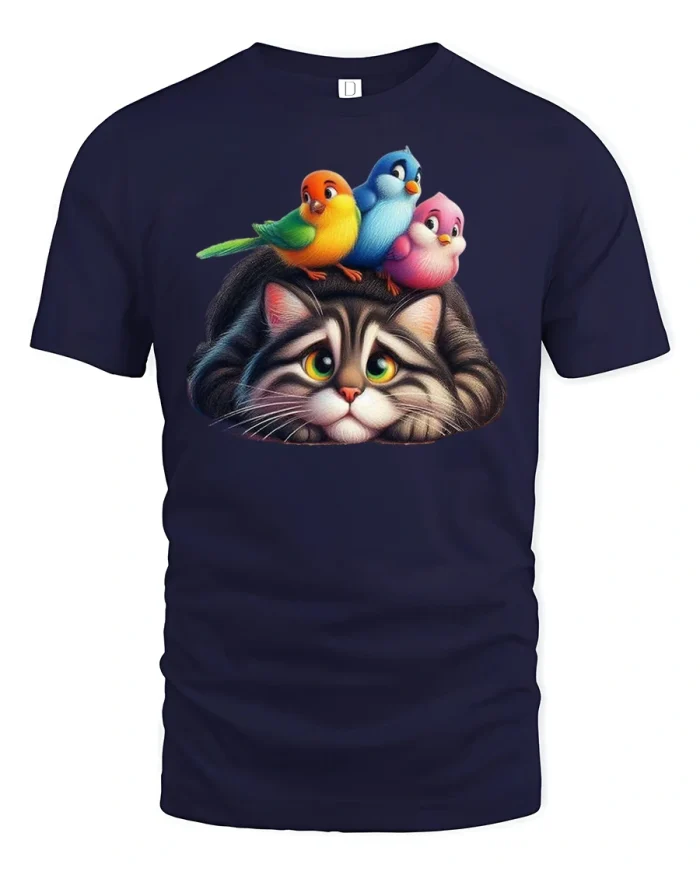 Cute Cat With Colorful Birds On Head Cartoon Graphic Tee - navy t-shirt on white background