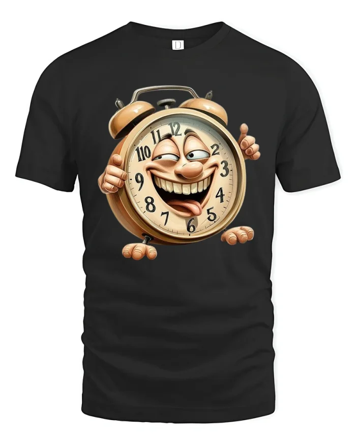 Funny Smiling Alarm Clock Cartoon Time Humor Graphic Tee - black t-shirt on white background