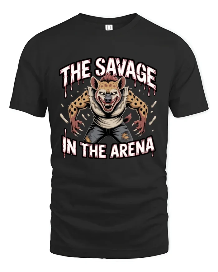 The Savage In The Arena Fierce Hyena Cartoon Graphic T Shirt - black t-shirt on white background