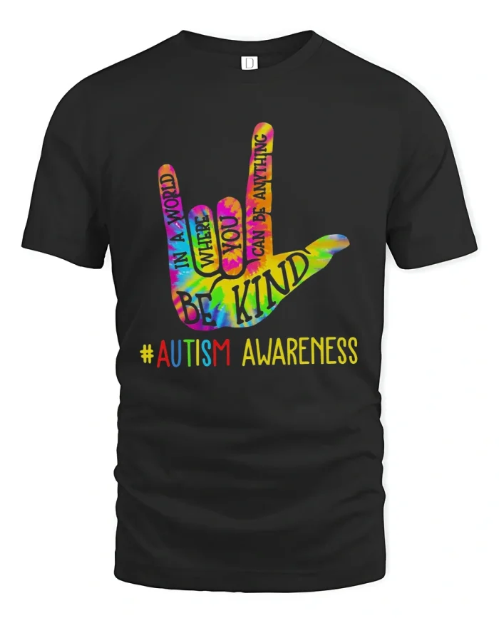 Be Kind Autism Awareness Colorful Hand Message Graphic T Shirt - black t-shirt on white background