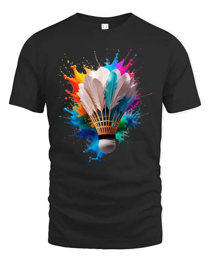 Color Splash Badminton Shuttlecock Artistic Motion Graphic T Shirt - black t-shirt on white background
