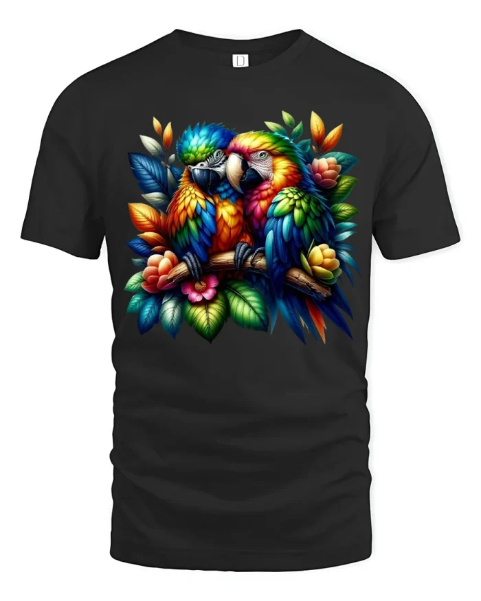 Colorful Parrot Couple Tropical Nature Art Vibrant Graphic T Shirt - black t-shirt on white background