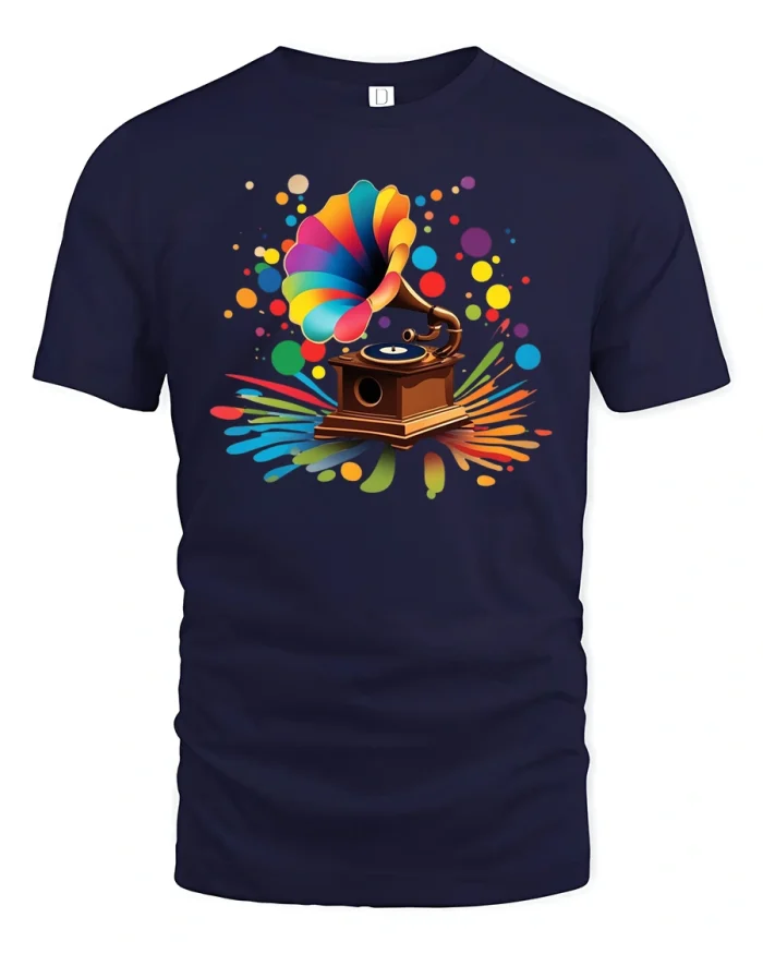 Colorful Vintage Gramophone Music Splash Artistic Graphic T Shirt - navy t-shirt on white background